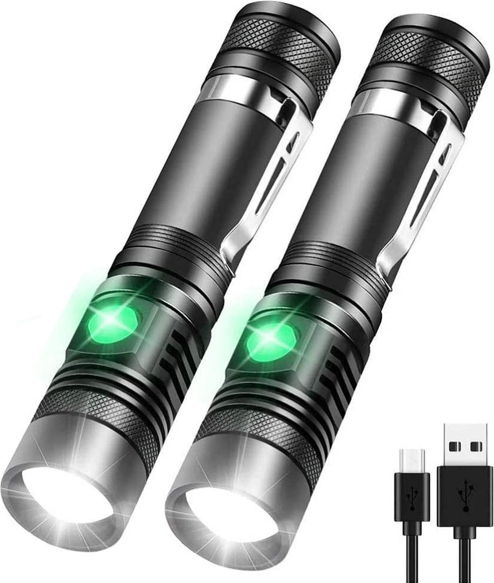 Qtronic Zaklamp LED Oplaadbaar Met Zoomfunctie - 2-pack - Militaire Zaklamp - Waterdicht - USB Oplaadbaar (inclusief Oplaadkabel & Batterijen). 1 Qtronic Zaklamp LED Oplaadbaar Met Zoomfunctie - 2-pack - Militaire Zaklamp - Waterdicht - USB Oplaadbaar (inclusief Oplaadkabel & Batterijen).