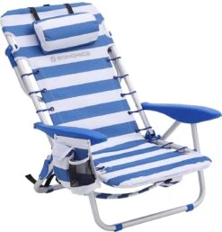 Naqsh Store Strandstoel Met Hoofdkussen, Aluminium, Draagbare Vouwstoel, Campingstoel, Opvouwbaar En Verstelbaar, Zoals Een Rugzak Draagbaar, Buitenstoel, Blauw En Wit Gestreept GCB62BU -Bo Camp Goedkope Winkel 1148x1200