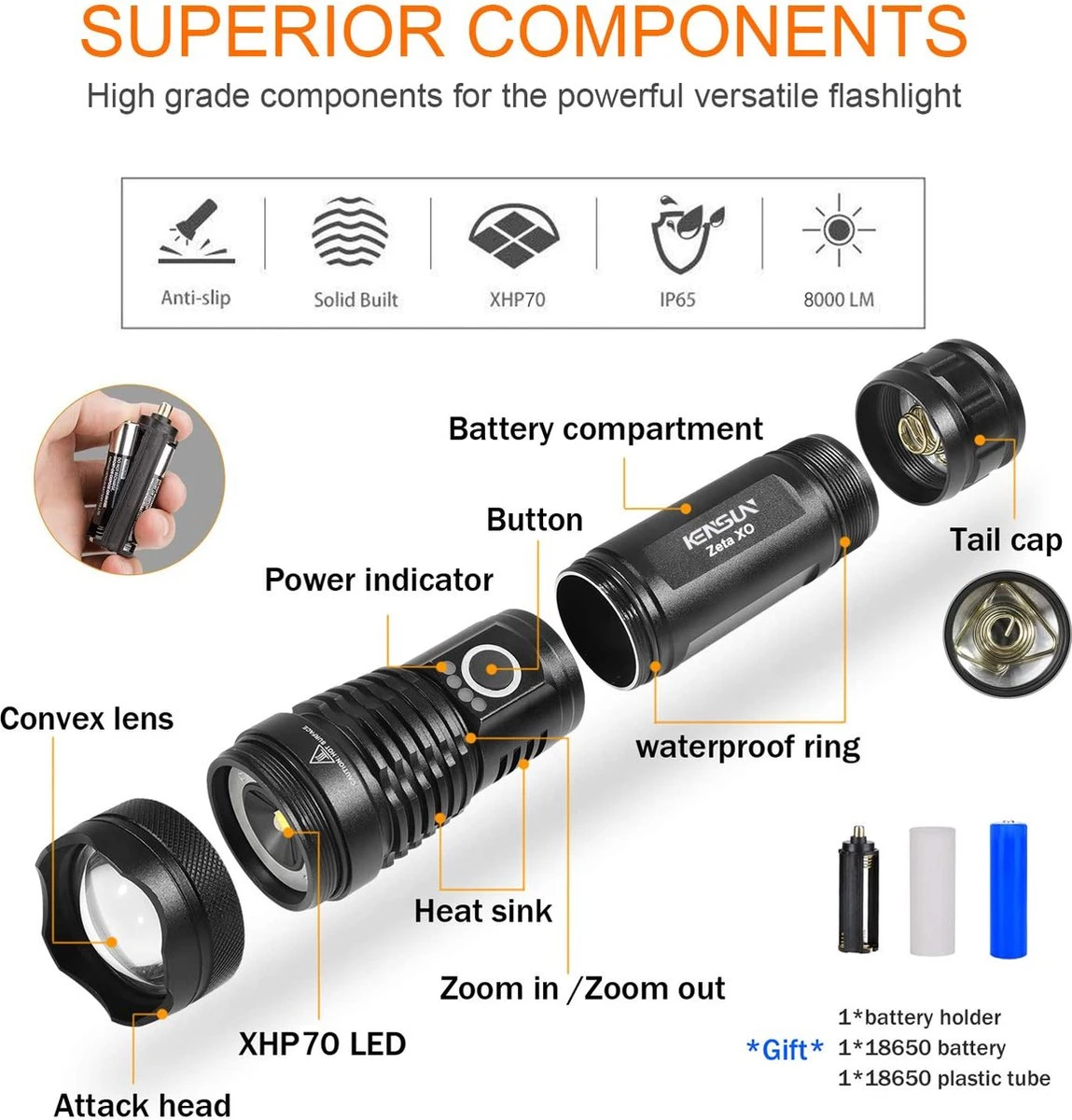 Kensun - High Power XHP70 - Oplaadbare Led Zaklamp - Camping En Outdoor - 8000 Lumen - 600 Meter Bereik 4 Kensun - High Power XHP70 - Oplaadbare Led Zaklamp - Camping En Outdoor - 8000 Lumen - 600 Meter Bereik - Afbeelding 4