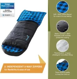 Skandika Dundee Flannel-L Slaapzak – Mummmieslaapzakken – Slaapzakken Volwassen - Maat M – Unisex - Katoen, Luxe Kwaliteit, Dubbele Slaapzak, 3 Seizoenen, Tot -20°C - 220 X 80 Cm - Outdoor Kampeerslaapzak – Ritssluiting Links - Zwart/blauw -Bo Camp Goedkope Winkel 1168x1200