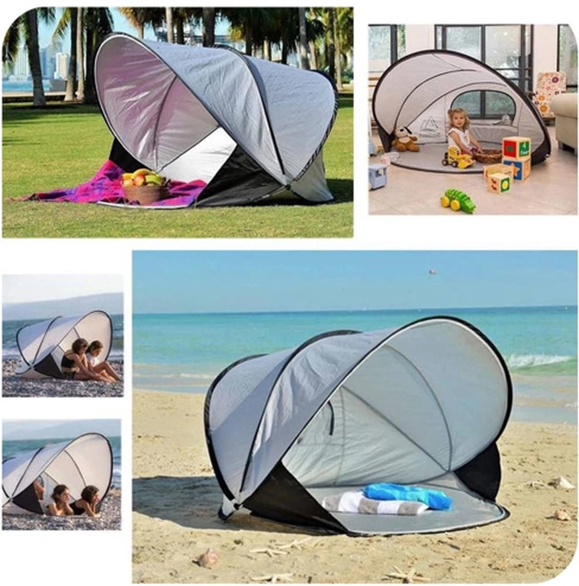 Deryan Luxe Pop Up Strandtent XXL - Anti-UV 50+ - Zilver 15 Deryan Luxe Pop Up Strandtent XXL - Anti-UV 50+ - Zilver - Afbeelding 15
