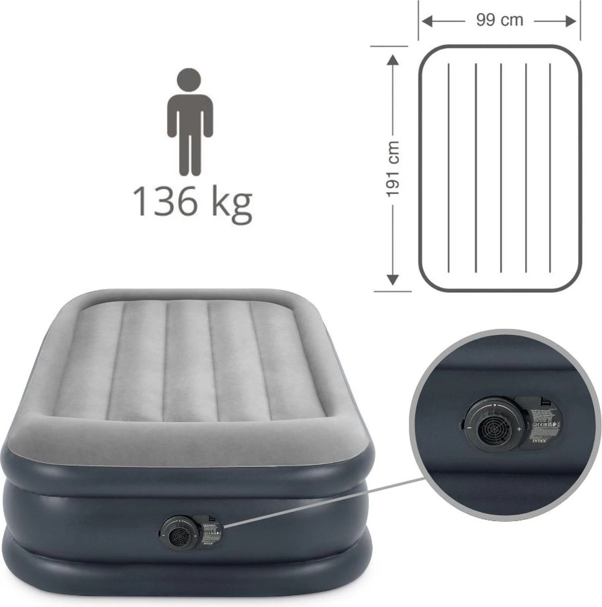 Intex Luchtbed - 1-Persoons - 99 X 191 X 42 Cm - Grijs - Met Pomp, Hoeslaken Antraciet En Reparatieset 2 Intex Luchtbed - 1-Persoons - 99 X 191 X 42 Cm - Grijs - Met Pomp, Hoeslaken Antraciet En Reparatieset - Afbeelding 2