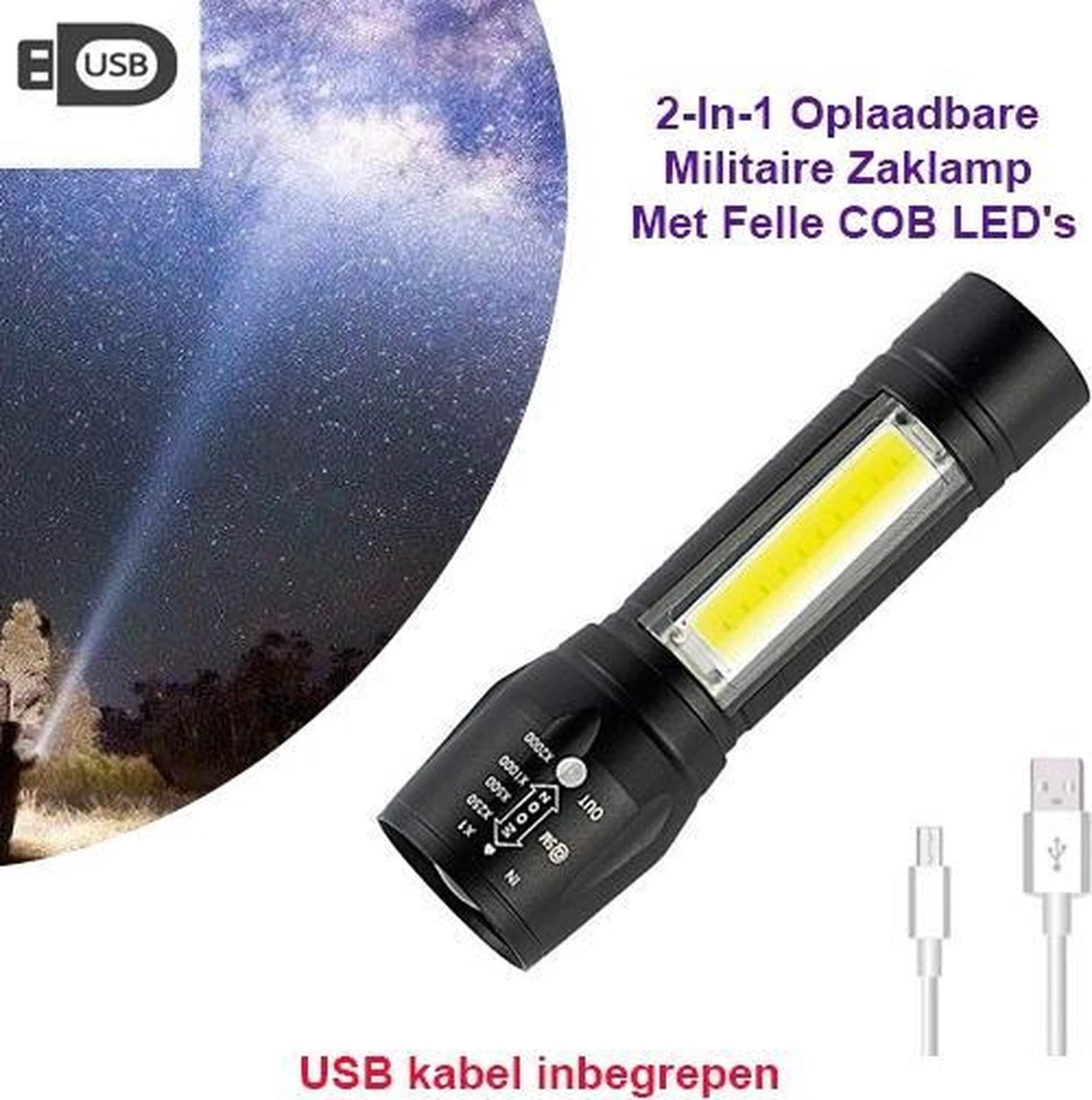 2-Stuks USB Oplaadbare Militaire Tactical Led Zaklamp Duo COB Li-ion 5W 1 2-Stuks USB Oplaadbare Militaire Tactical Led Zaklamp Duo COB Li-ion 5W