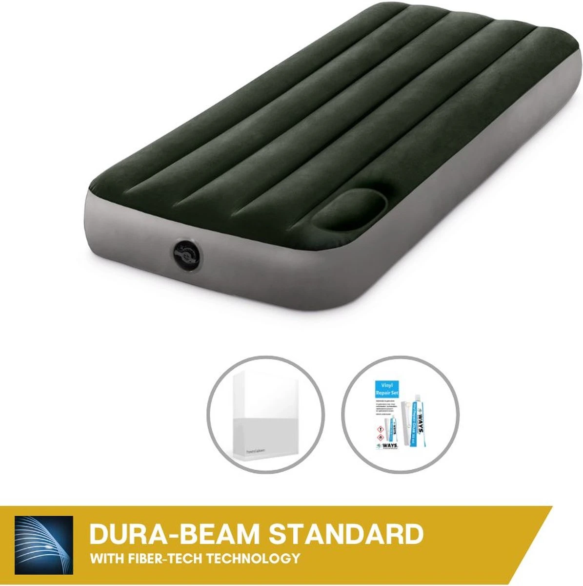 Intex Luchtbed - 1-Persoons - 76 X 191 X 25 Cm - Groen - Met Ingebouwde Voetpomp + Hoeslaken Wit + Reparatieset 1 Intex Luchtbed - 1-Persoons - 76 X 191 X 25 Cm - Groen - Met Ingebouwde Voetpomp + Hoeslaken Wit + Reparatieset