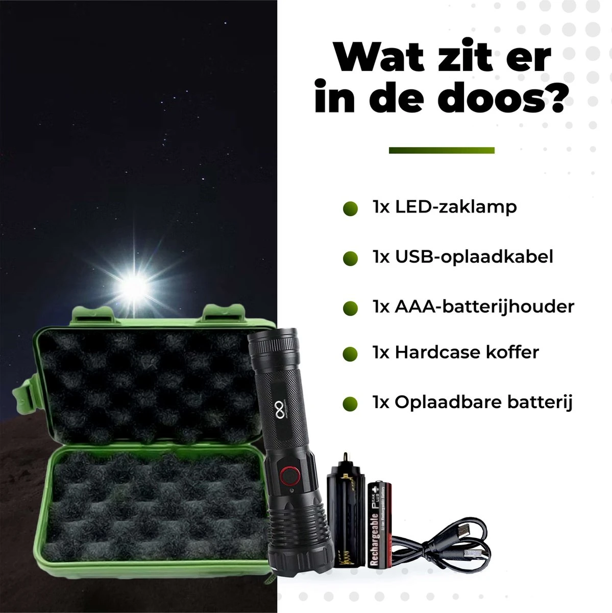 Unlimited Products Militaire Zaklamp LED Oplaadbaar - 2000 Lumen - IP68 Waterdicht - Hard Case Opbergdoos 7 Unlimited Products Militaire Zaklamp LED Oplaadbaar - 2000 Lumen - IP68 Waterdicht - Hard Case Opbergdoos - Afbeelding 7