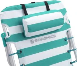 Strandstoel Met Afneembare Hoofdsteun, Draagbare Klapstoel, Campingstoel, Rugleuning Tot 180° Verstelbaar, Met Bekerhouder En Zijvak, Groene En Witte Strepen GCB62JW -Bo Camp Goedkope Winkel 1200x1038