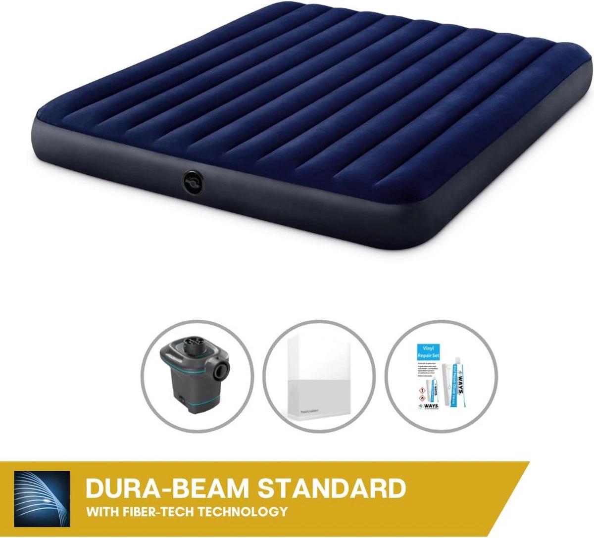 Intex Luchtbedset Intex Luchtbed - 2-Persoons - 183 X 203 X 25 Cm - Blauw + Intex Elektrische Pomp - 650 Liter/min + Hoeslaken Wit + Reparatieset 1 Intex Luchtbedset Intex Luchtbed - 2-Persoons - 183 X 203 X 25 Cm - Blauw + Intex Elektrische Pomp - 650 Liter/min + Hoeslaken Wit + Reparatieset