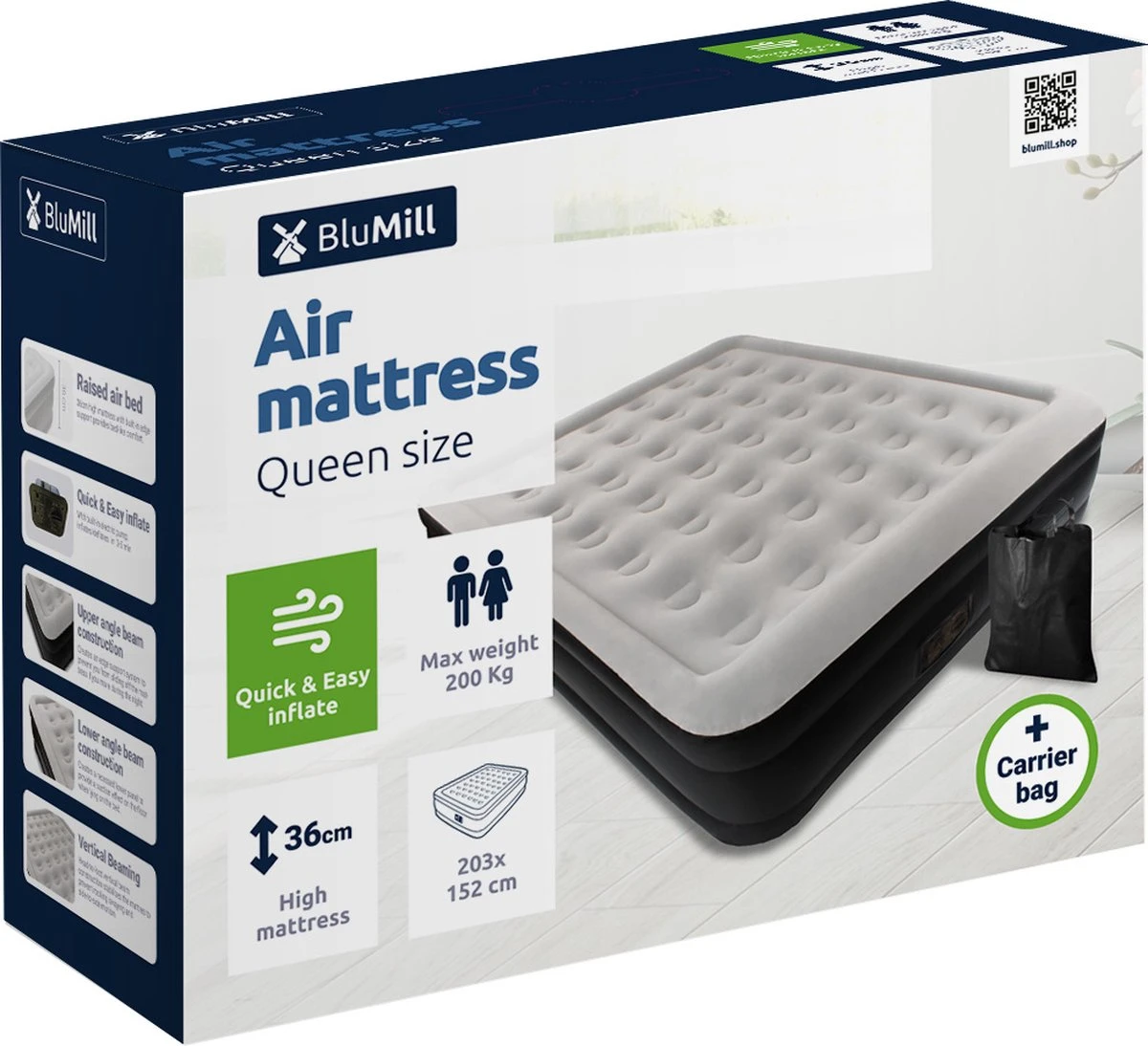 BluMill Luchtbed - 2-persoons - Ingebouwde Pomp - 203x152x36 Cm - Duurzame Keuze 7 BluMill Luchtbed - 2-persoons - Ingebouwde Pomp - 203x152x36 Cm - Duurzame Keuze - Afbeelding 7