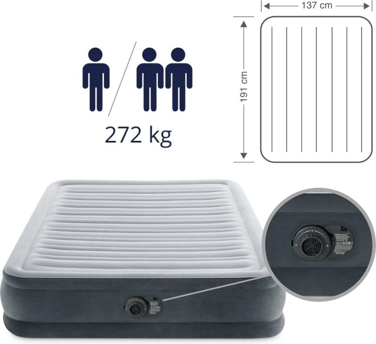 Intex Luchtbed - Twijfelaar - 137 X 191 X 33 Cm - Grijs - Met Ingebouwde Pomp, Hoeslaken Antraciet En Reparatieset 5 Intex Luchtbed - Twijfelaar - 137 X 191 X 33 Cm - Grijs - Met Ingebouwde Pomp, Hoeslaken Antraciet En Reparatieset - Afbeelding 5