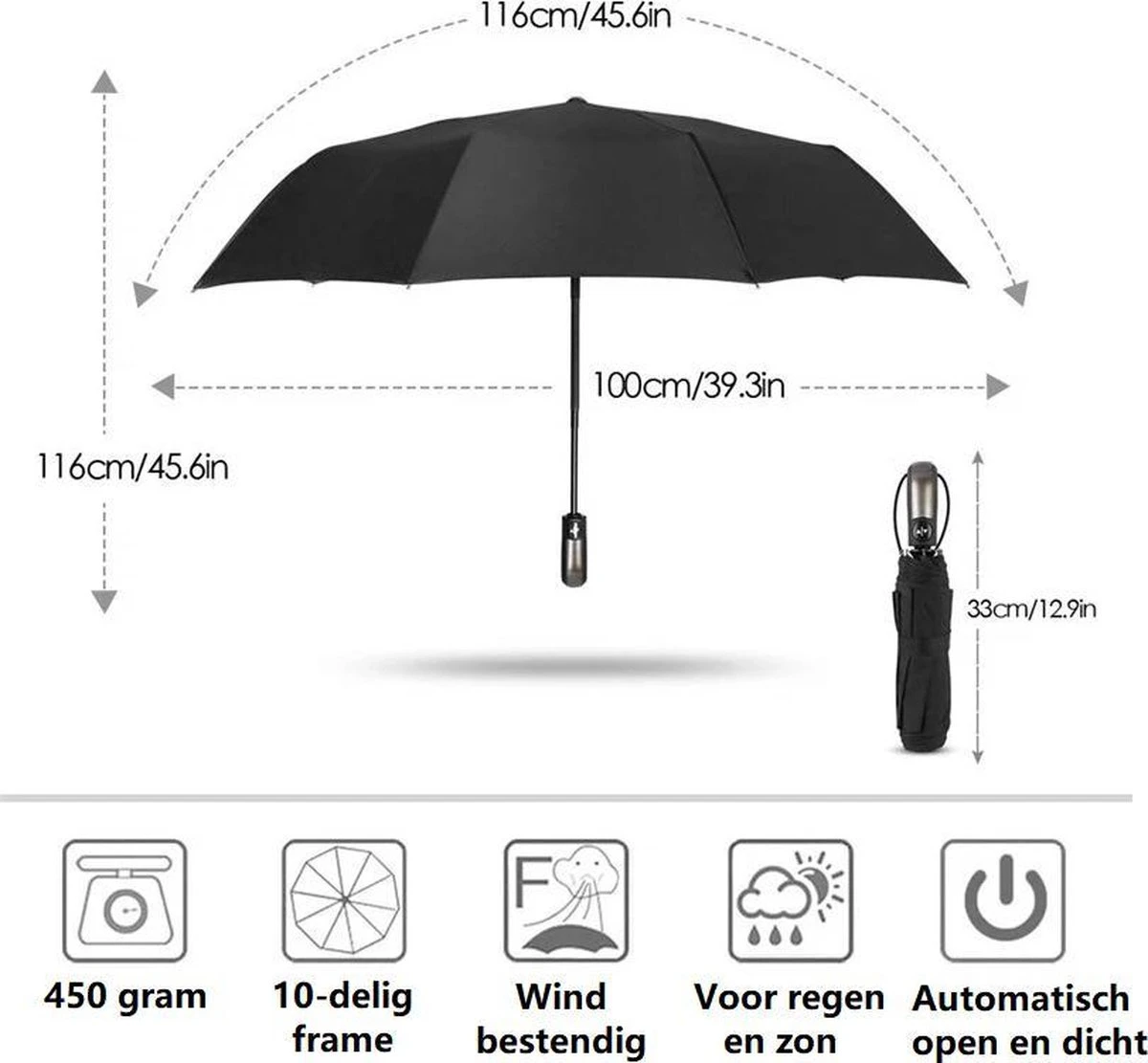 Paraplu - Stormparaplu - Automatisch Uitklapbaar - Opvouwbaar - Zwart - 110 Cm XL - Open En Dicht Knop - Stormbestendig Tot 140 K/m 8 Paraplu - Stormparaplu - Automatisch Uitklapbaar - Opvouwbaar - Zwart - 110 Cm XL - Open En Dicht Knop - Stormbestendig Tot 140 K/m - Afbeelding 8