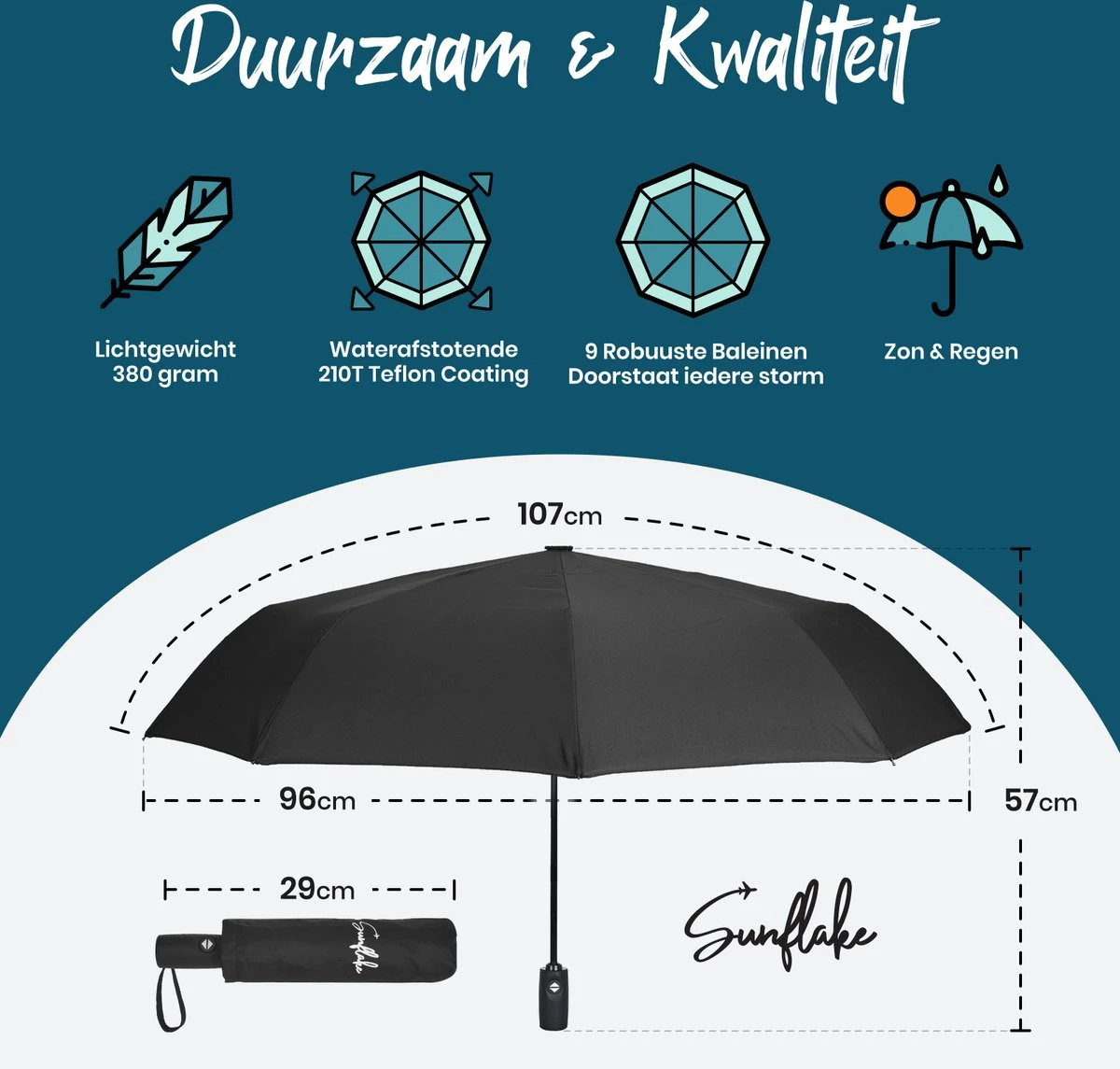 Sunflake Stormparaplu Opvouwbaar - Stormbestendig Tot 140km/u - Automatisch Uitklapbaar - Incl. Beschermhoes En Reisetui - Zwart 5 Sunflake Stormparaplu Opvouwbaar - Stormbestendig Tot 140km/u - Automatisch Uitklapbaar - Incl. Beschermhoes En Reisetui - Zwart - Afbeelding 5