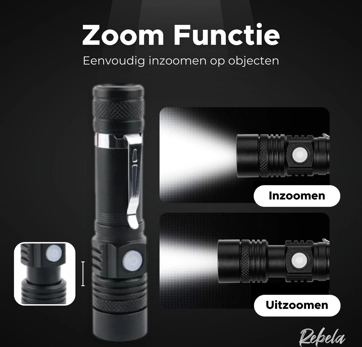 Rebela | Zaklamp Led Oplaadbaar | Flashlight Rechargeable | Waterproof Military Flashlight | Zaklamp 1200 Lumen | Inzoombaar | Oplaadbaar | Inclusief 1 Stuk Oplaadbare Batterij 18650 | Zwart 3 Rebela | Zaklamp Led Oplaadbaar | Flashlight Rechargeable | Waterproof Military Flashlight | Zaklamp 1200 Lumen | Inzoombaar | Oplaadbaar | Inclusief 1 Stuk Oplaadbare Batterij 18650 | Zwart - Afbeelding 3