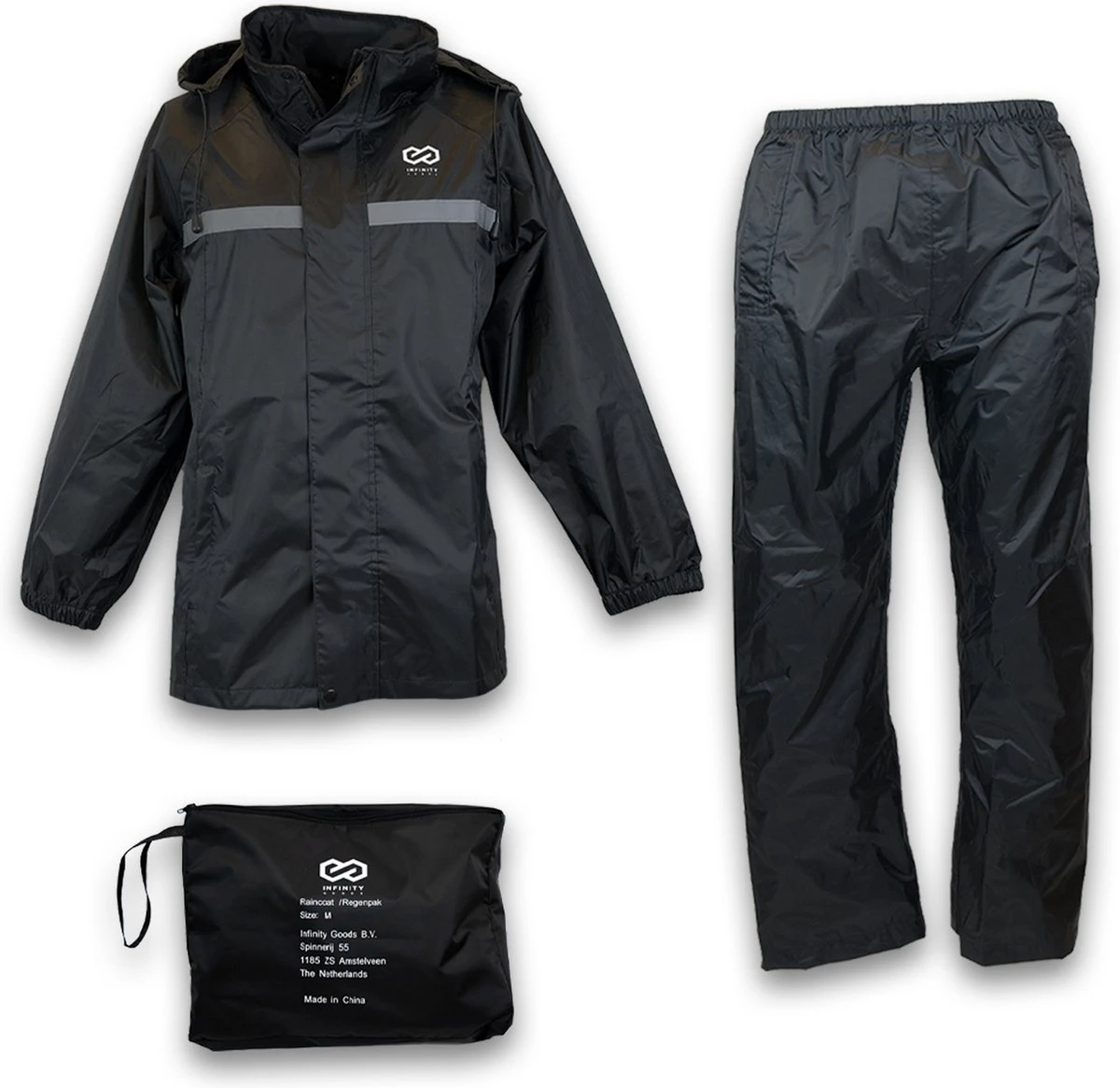 Infinity Goods Regenpak - Dames & Heren - Maat L - Waterdicht & Ademend - Reflecterend - Zwart 1 Infinity Goods Regenpak - Dames & Heren - Maat L - Waterdicht & Ademend - Reflecterend - Zwart