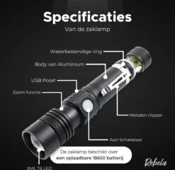 Rebela | Zaklamp Led Oplaadbaar | Flashlight Rechargeable | Waterproof Military Flashlight | Zaklamp 1200 Lumen | Inzoombaar | Oplaadbaar | Inclusief 1 Stuk Oplaadbare Batterij 18650 | Zwart 12 Rebela | Zaklamp Led Oplaadbaar | Flashlight Rechargeable | Waterproof Military Flashlight | Zaklamp 1200 Lumen | Inzoombaar | Oplaadbaar | Inclusief 1 Stuk Oplaadbare Batterij 18650 | Zwart -Bo Camp Goedkope Winkel 1200x1167 9