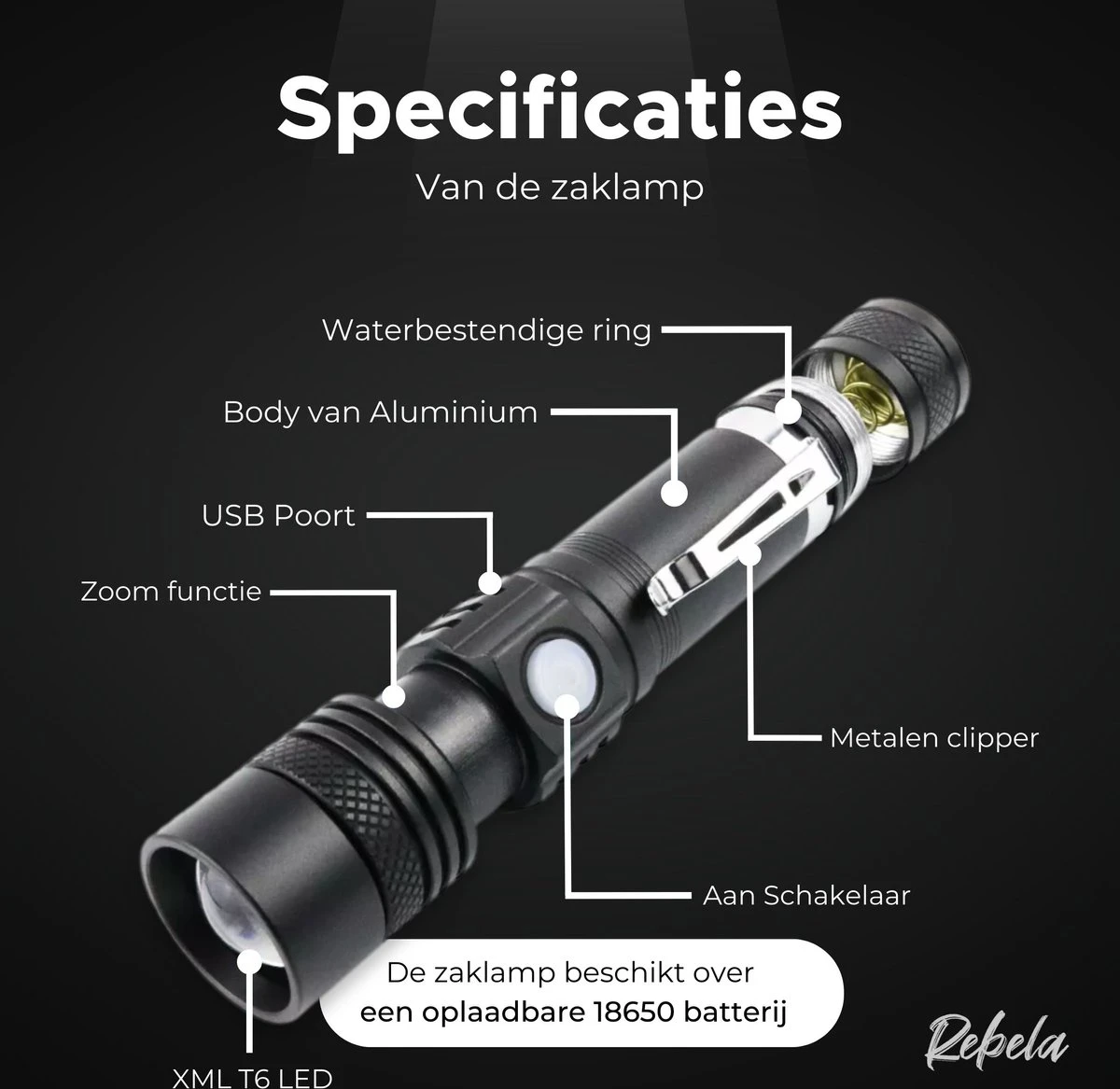 Rebela | Zaklamp Led Oplaadbaar | Flashlight Rechargeable | Waterproof Military Flashlight | Zaklamp 1200 Lumen | Inzoombaar | Oplaadbaar | Inclusief 1 Stuk Oplaadbare Batterij 18650 | Zwart 5 Rebela | Zaklamp Led Oplaadbaar | Flashlight Rechargeable | Waterproof Military Flashlight | Zaklamp 1200 Lumen | Inzoombaar | Oplaadbaar | Inclusief 1 Stuk Oplaadbare Batterij 18650 | Zwart - Afbeelding 5