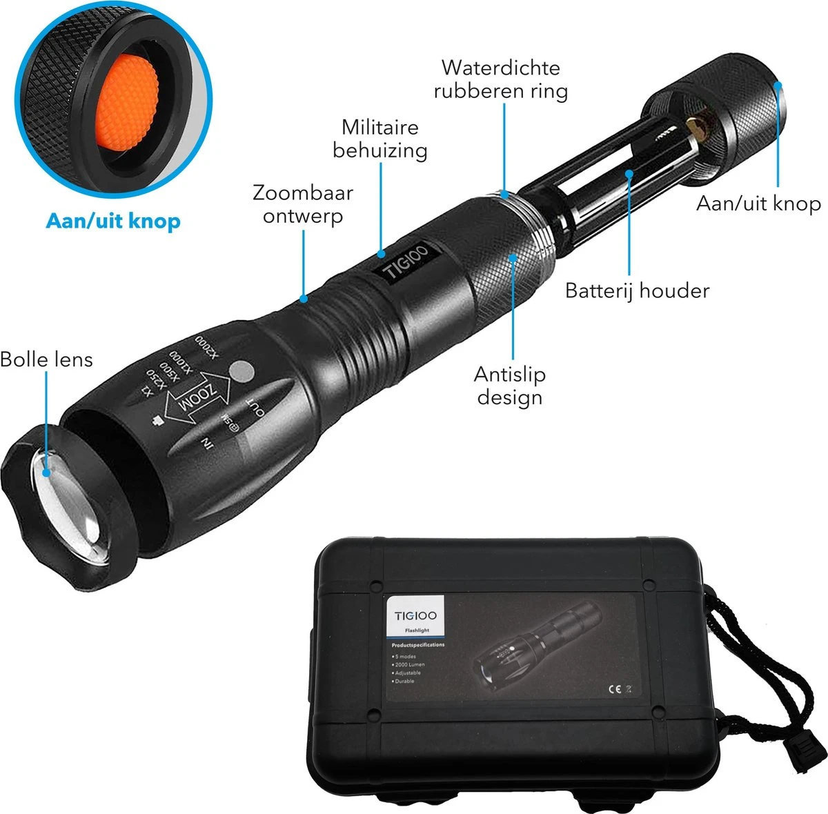 TIGIOO Zaklamp LED Oplaadbaar - 2 PACK - Incl. Oplader & Batterij & Koffertje - Zaklamp Militaire 8 TIGIOO Zaklamp LED Oplaadbaar - 2 PACK - Incl. Oplader & Batterij & Koffertje - Zaklamp Militaire - Afbeelding 8