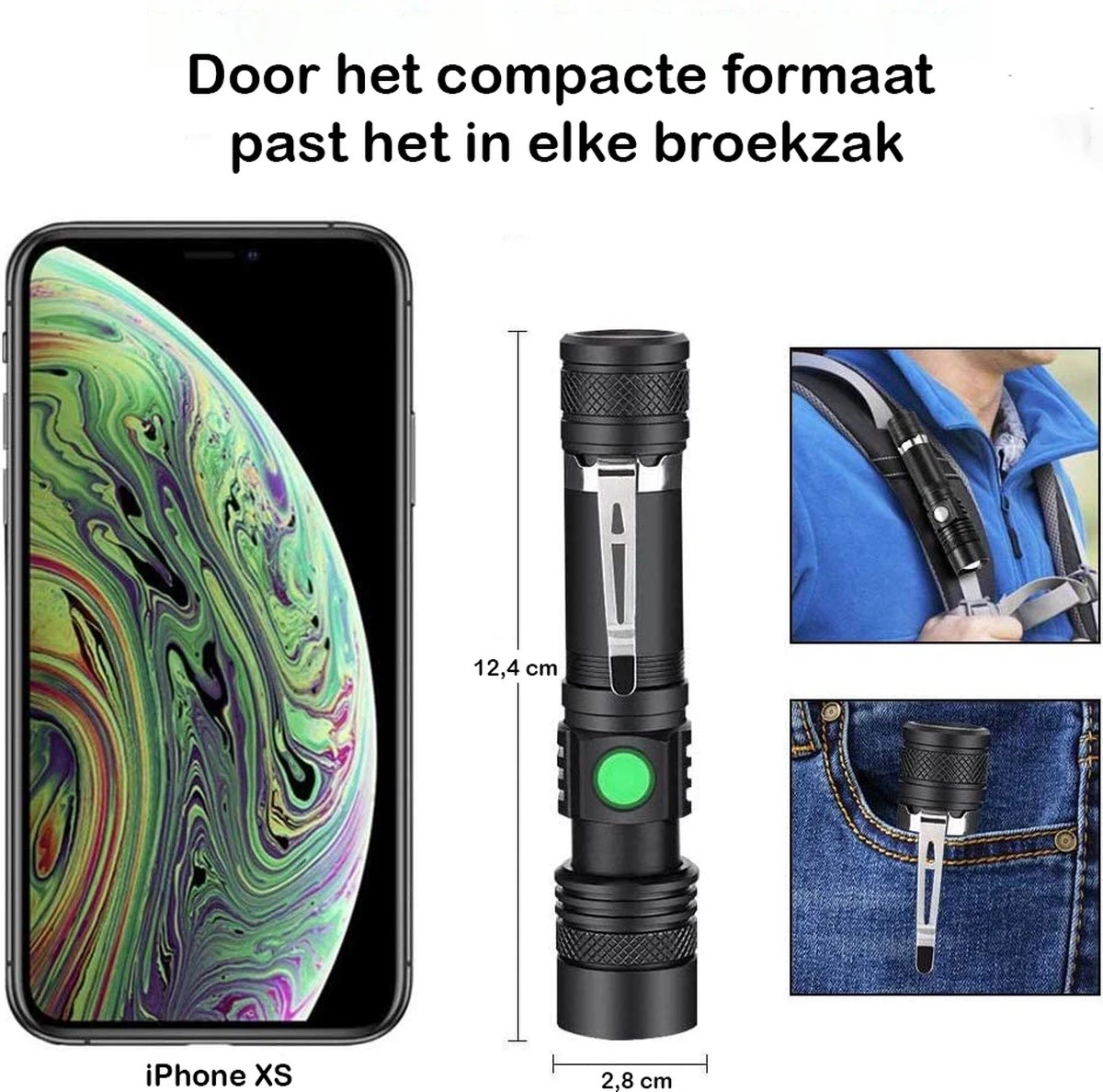 Qtronic Zaklamp LED Oplaadbaar Met Zoomfunctie - Militaire Zaklamp - Waterdicht - USB Oplaadbaar (inclusief Oplaadkabel & Batterij). 5 Qtronic Zaklamp LED Oplaadbaar Met Zoomfunctie - Militaire Zaklamp - Waterdicht - USB Oplaadbaar (inclusief Oplaadkabel & Batterij). - Afbeelding 5