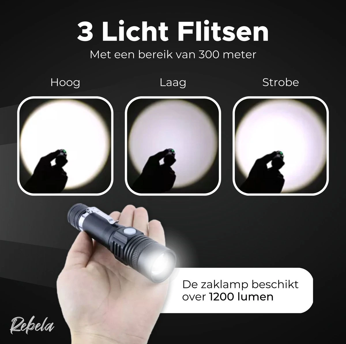 Rebela | Zaklamp Led Oplaadbaar | Flashlight Rechargeable | Waterproof Military Flashlight | Zaklamp 1200 Lumen | Inzoombaar | Oplaadbaar | Inclusief 1 Stuk Oplaadbare Batterij 18650 | Zwart 2 Rebela | Zaklamp Led Oplaadbaar | Flashlight Rechargeable | Waterproof Military Flashlight | Zaklamp 1200 Lumen | Inzoombaar | Oplaadbaar | Inclusief 1 Stuk Oplaadbare Batterij 18650 | Zwart - Afbeelding 2