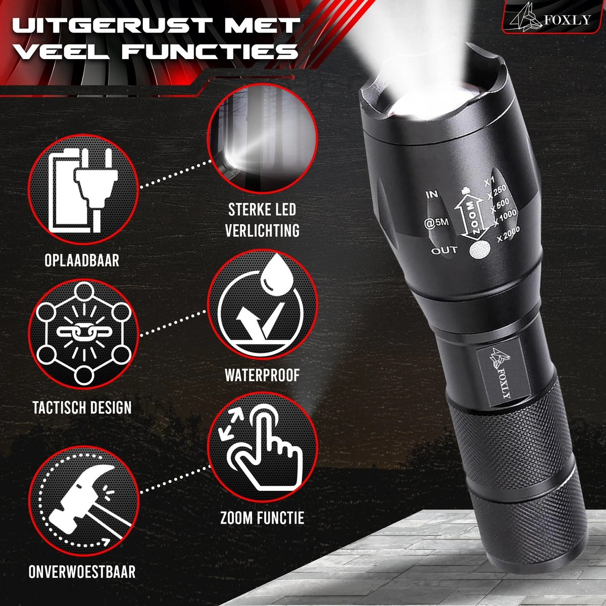 FOXLY 2 X Militaire LED Zaklamp (inclusief Batterij En Oplader) - Waterproof - Schokbestendig - Opbergdoos - 2 Stuks 3 FOXLY 2 X Militaire LED Zaklamp (inclusief Batterij En Oplader) - Waterproof - Schokbestendig - Opbergdoos - 2 Stuks - Afbeelding 3