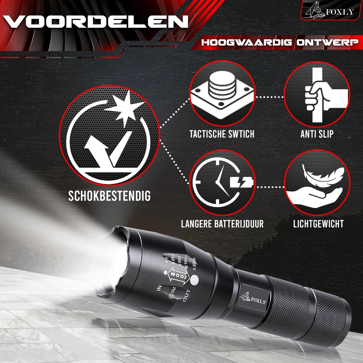 FOXLY 2 X Militaire LED Zaklamp (inclusief Batterij En Oplader) - Waterproof - Schokbestendig - Opbergdoos - 2 Stuks 4 FOXLY 2 X Militaire LED Zaklamp (inclusief Batterij En Oplader) - Waterproof - Schokbestendig - Opbergdoos - 2 Stuks - Afbeelding 4