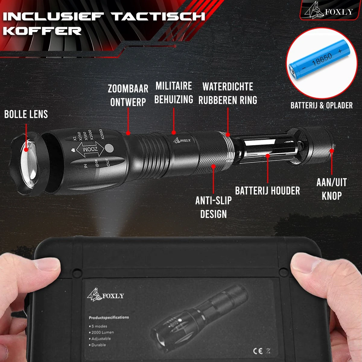 FOXLY 2 X Militaire LED Zaklamp (inclusief Batterij En Oplader) - Waterproof - Schokbestendig - Opbergdoos - 2 Stuks 5 FOXLY 2 X Militaire LED Zaklamp (inclusief Batterij En Oplader) - Waterproof - Schokbestendig - Opbergdoos - 2 Stuks - Afbeelding 5