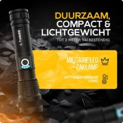 TradeRB® Militaire LED Zaklamp - USB Oplaadbare Zaklamp - Inclusief 5000 MAh Batterij - 20 Branduren - Zoomfunctie - Telescopische Lens - 3000 Lumen - Aluminium - Zwart -Bo Camp Goedkope Winkel 1200x1200 1628