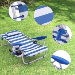 Naqsh Store Strandstoel Met Hoofdkussen, Aluminium, Draagbare Vouwstoel, Campingstoel, Opvouwbaar En Verstelbaar, Zoals Een Rugzak Draagbaar, Buitenstoel, Blauw En Wit Gestreept GCB62BU -Bo Camp Goedkope Winkel 1200x1200 35