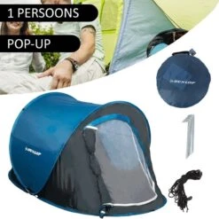 Dunlop Pop Up Tent 220 X 120 X 90 Cm - Grijs/ Blauw - 1 Persoons -Bo Camp Goedkope Winkel 1200x1200 582