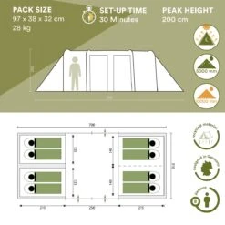 Skandika Montana 8 Sleeper Tent – Tunneltent – 8 Persoons Familietent - Campingtent – Sleeper Technology (2 Tot 4 Extra Donkere Slaapcabines) – Ingenaaide Tentvloer - Muggengaas – 700 X 310 X 200 Cm (LxBxH) – 5000mm Waterkolom – Kamperen – Blauw/wit -Bo Camp Goedkope Winkel 1200x1200 740