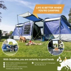 Skandika Montana 8 Sleeper Tent – Tunneltent – 8 Persoons Familietent - Campingtent – Sleeper Technology (2 Tot 4 Extra Donkere Slaapcabines) – Ingenaaide Tentvloer - Muggengaas – 700 X 310 X 200 Cm (LxBxH) – 5000mm Waterkolom – Kamperen – Blauw/wit -Bo Camp Goedkope Winkel 1200x1200 742