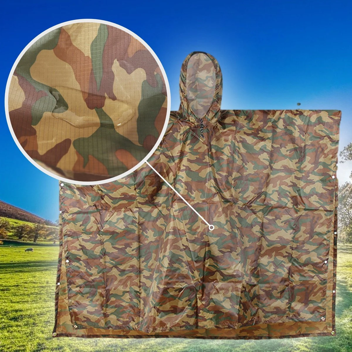 Regenponcho / Fietsponcho Herbruikbaar Voor Volwassenen ( Dames En Heren ) - 200x110cm - 100% Ripstop Polyester - Camouflage 2 Regenponcho / Fietsponcho Herbruikbaar Voor Volwassenen ( Dames En Heren ) - 200x110cm - 100% Ripstop Polyester - Camouflage - Afbeelding 2