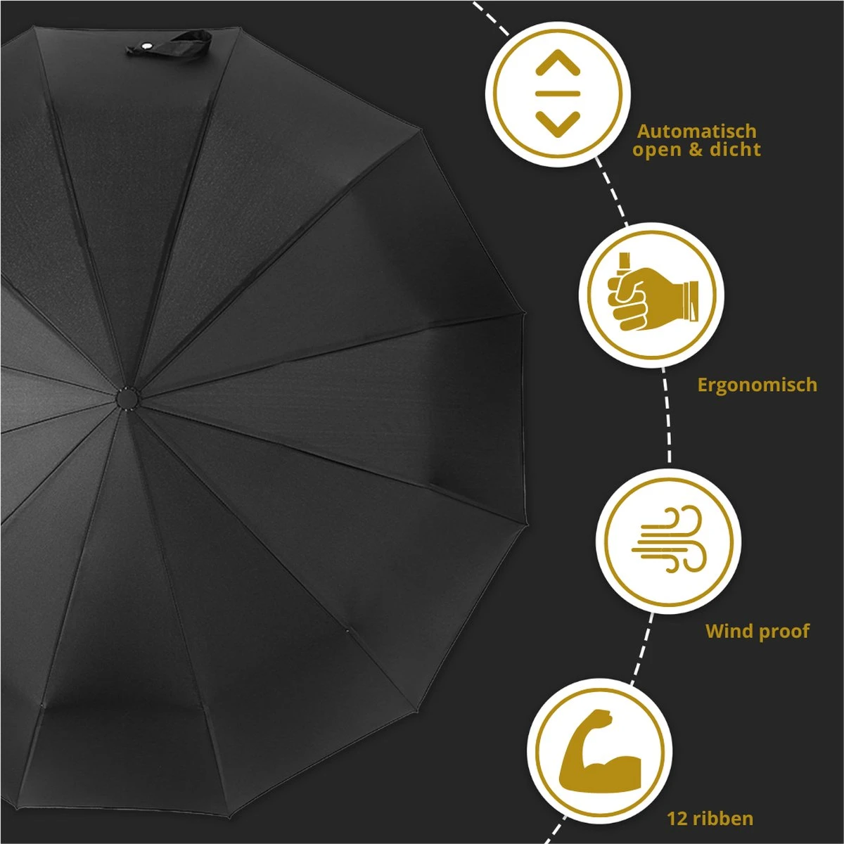 Stormparaplu Opvouwbaar - Paraplu - Automatische Stormparaplu - Tot 110km P/u Windproof - 12 Ribben 4 Stormparaplu Opvouwbaar - Paraplu - Automatische Stormparaplu - Tot 110km P/u Windproof - 12 Ribben - Afbeelding 4