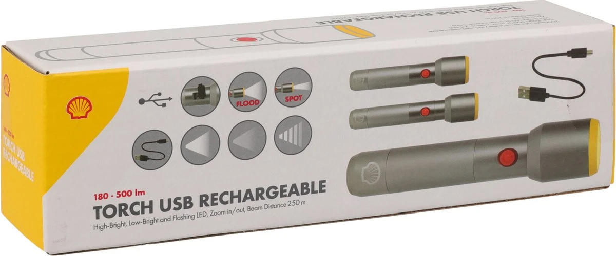 Shell Zaklamp - Oplaadbaar - Met USB - 3 Standen - LED Zaklamp - 500lm - IP55 Waterdicht 2 Shell Zaklamp - Oplaadbaar - Met USB - 3 Standen - LED Zaklamp - 500lm - IP55 Waterdicht - Afbeelding 2