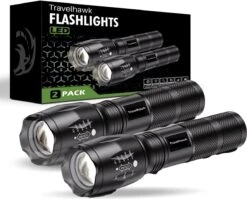 Travelhawk Zaklamp - Zaklamp Led - Zaklamp Militaire - 1000 Lumen - Waterproof - Zwart - 2 Stuks