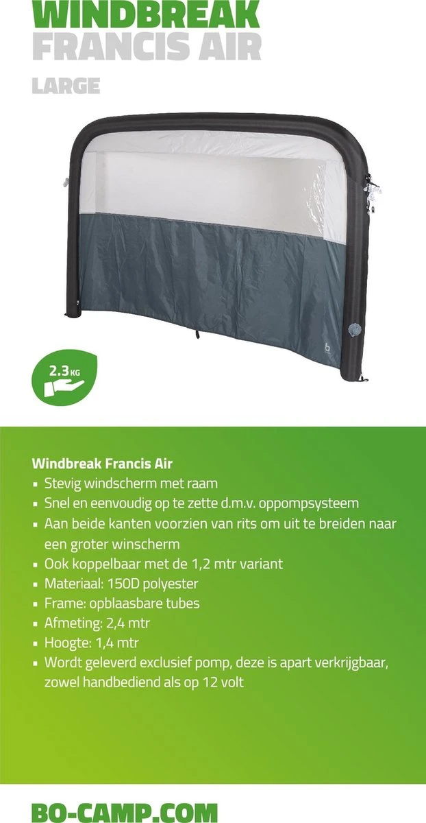 Bo-Camp - Windscherm (tent) - Francis - Air - 2.4 X 1.4 Meter - Grijs 3 Bo-Camp - Windscherm (tent) - Francis - Air - 2.4 X 1.4 Meter - Grijs - Afbeelding 3