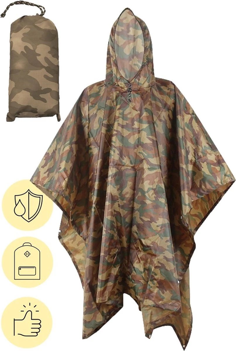 Regenponcho / Fietsponcho Herbruikbaar Voor Volwassenen ( Dames En Heren ) - 200x110cm - 100% Ripstop Polyester - Camouflage 1 Regenponcho / Fietsponcho Herbruikbaar Voor Volwassenen ( Dames En Heren ) - 200x110cm - 100% Ripstop Polyester - Camouflage