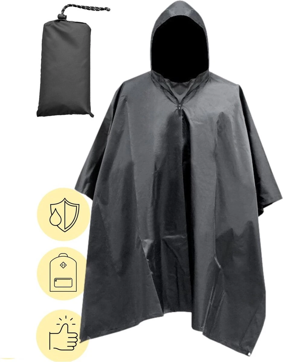 Regenponcho / Fietsponcho Herbruikbaar Voor Volwassenen ( Dames En Heren ) - 200x110cm - 100% Ripstop Polyester - Zwart 1 Regenponcho / Fietsponcho Herbruikbaar Voor Volwassenen ( Dames En Heren ) - 200x110cm - 100% Ripstop Polyester - Zwart